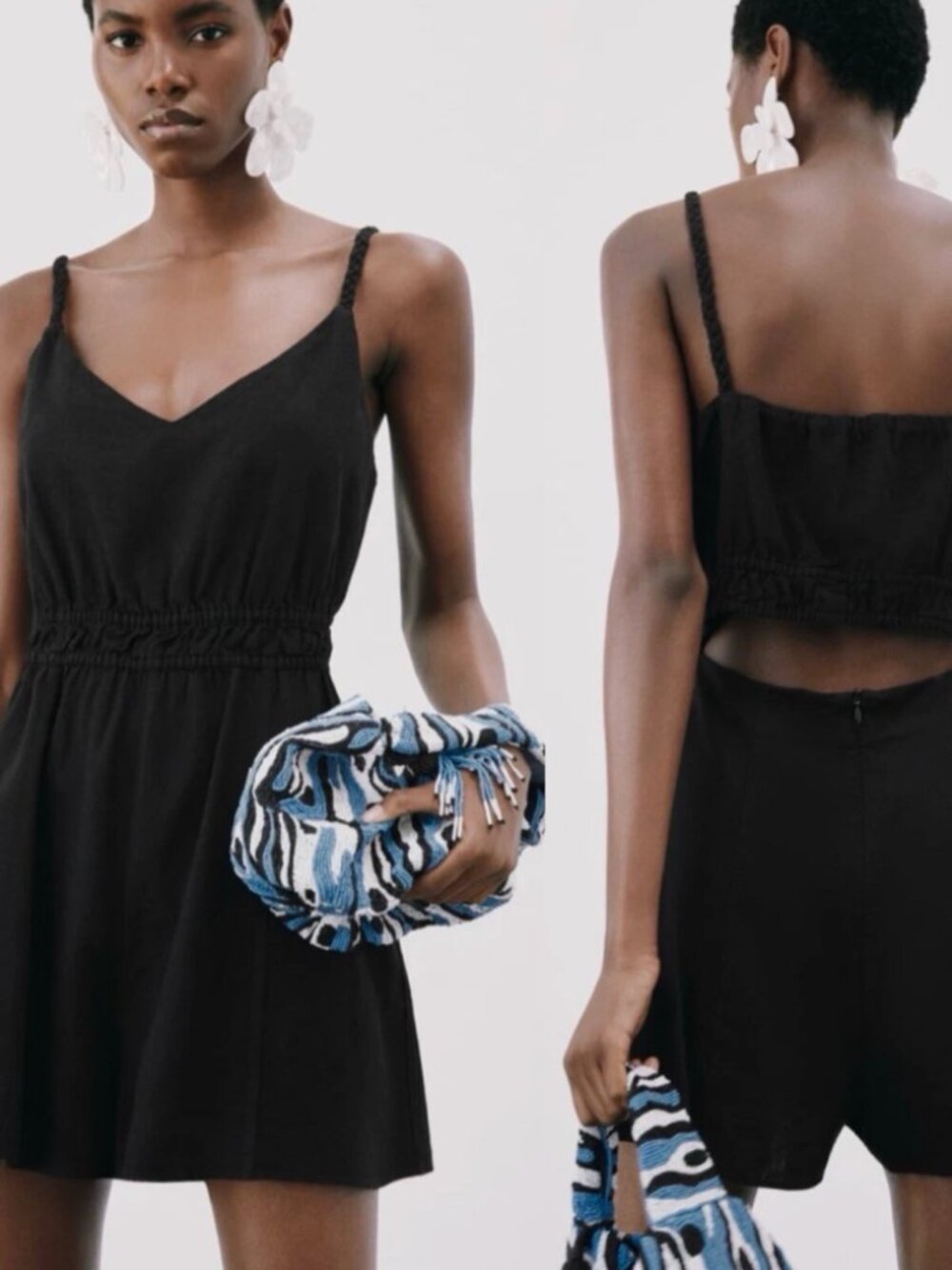 NWT Zara Woven Braided Linen Blend Romper Black M